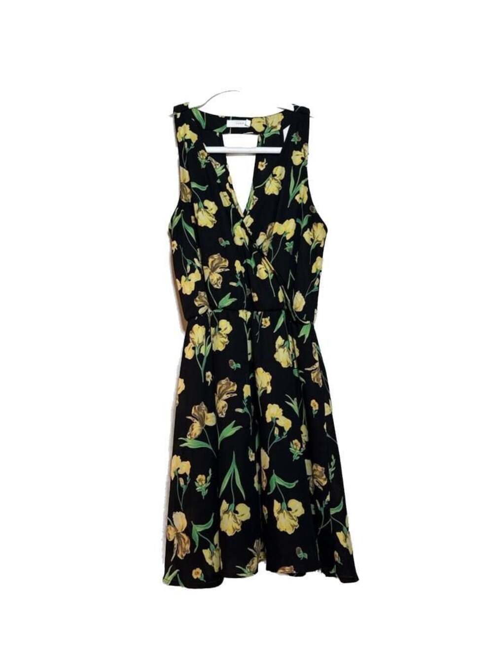 M Lush Women's Black and Yellow Floral Print Sleeveless Wrap-Front Dress